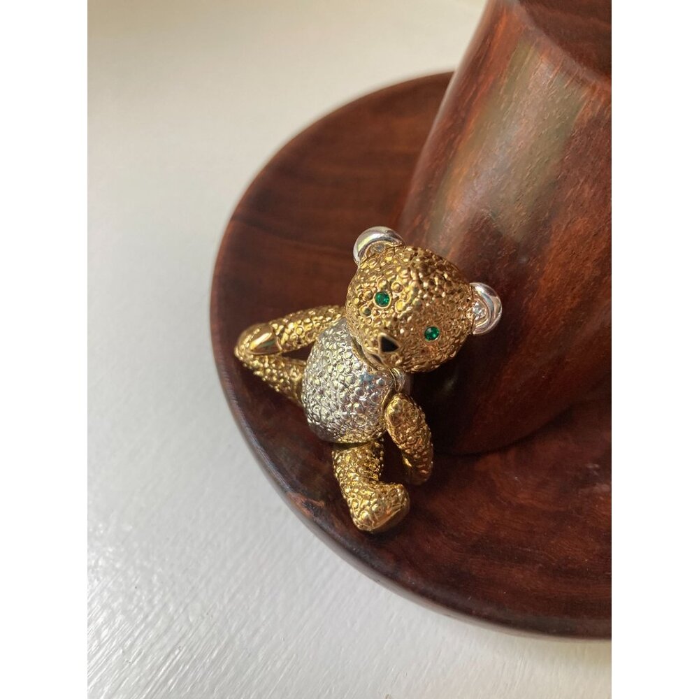 Vintage Napier Gold & Silver Tone Teddy Bear Brooch With Green Eyes